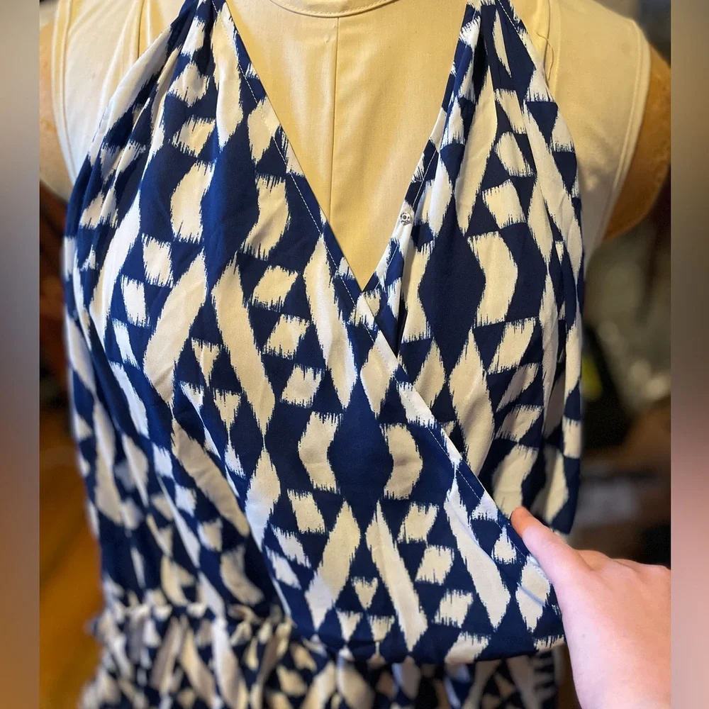 Blue and White Romper Geometric western boho beaded stretchy V-neck wrap beach